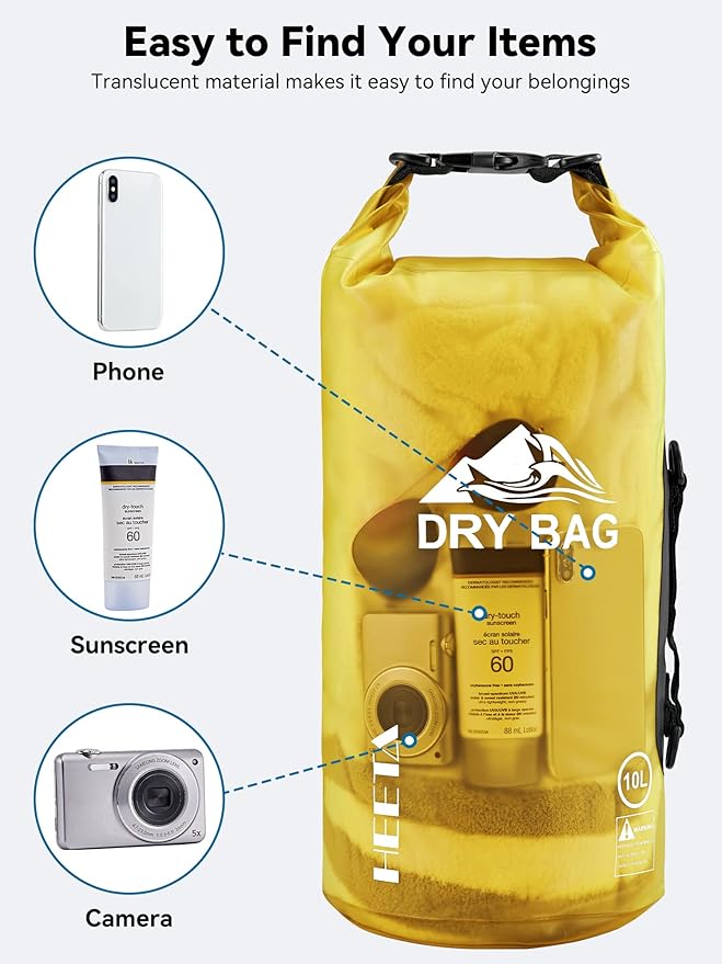 HEETA Dry Bag Waterproof for Women Men, 5L/10L/20L/30L/40L Roll Top Lightweight Dry Storage Bag Backpack with Phone Case for Travel, Swimming, Boating, Kayaking, Camping & Beach, 11 Transparent Colors