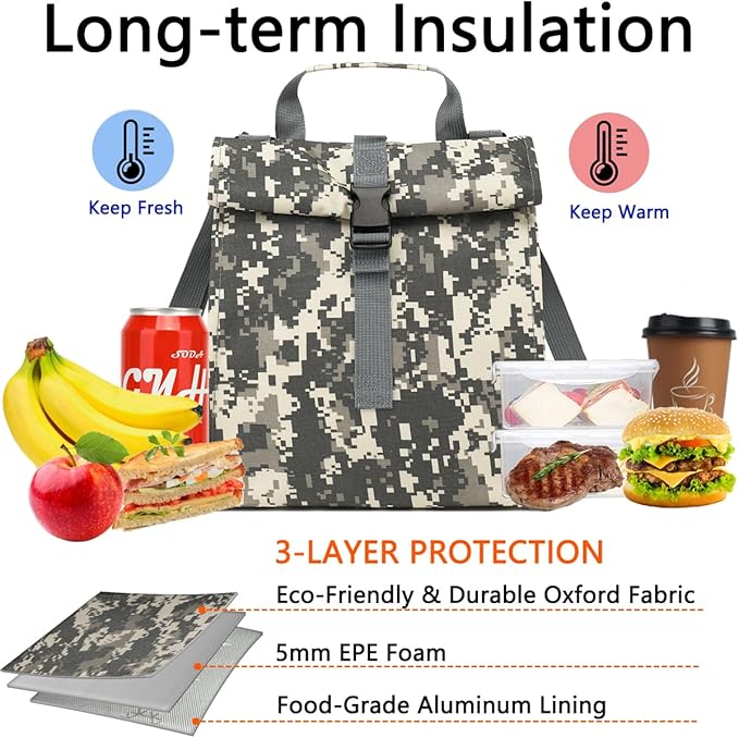 Insulated Lunch Bag for Men/Women/Kids, Roll top Reusable Lunch Box with Adjustable Shoulder Strap, Thermal Lunch Cooler Tote Container for Adults/Teens School Work Office Picnic,Black,Camo