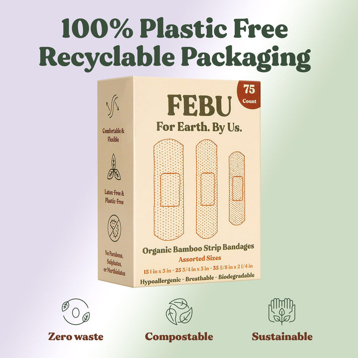 FEBU Eco-Friendly Organic Bamboo Fabric Bandages for Sensitive Skin | PFAS Free Flexible Latex Free Bandages | Natural Hypoallergenic Bandages for Scrapes, Cuts & First Aid | 75 Count Variety Pack