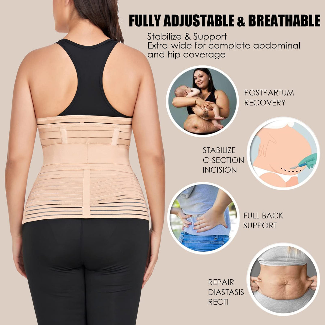 3 in 1 Postpartum Belly Band Wrap Support Recovery Girdles Abdominer Binder Post Surgery Belly&Waist&Pelvis Support Belt & Back Brace(Beige, Small/Medium)