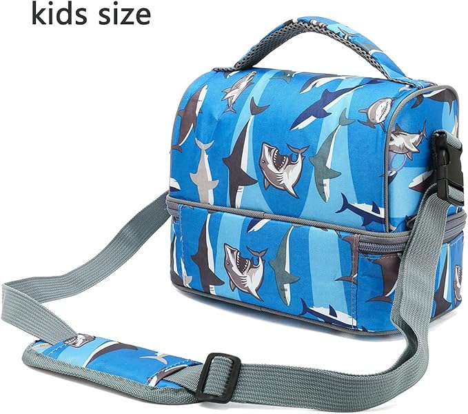 FlowFly Kids Double Decker Cooler Insulated Lunch Bag Large Tote for Boys, Girls, Men, Women, With Adjustable Strap, Shark