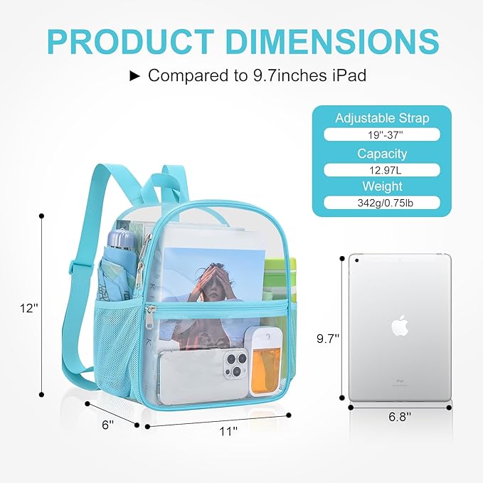 USPECLARE Clear Backpack Stadium Approved 12X11x6, Waterproof Clear Bag Stadium Backpack for Concert Work Sport Event