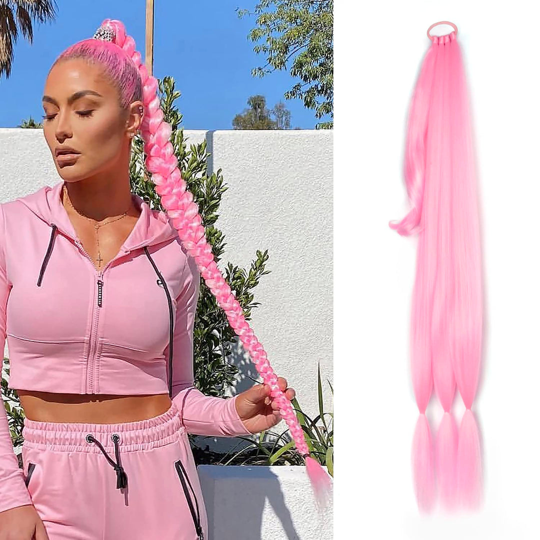 LyoRuSi Long Braided Ponytail Extension with Hair Tie Kinky Straight Wrap Around Hair Extensions Ponytail Natural Soft Synthetic Hair Piece for Women 34 Inch 160 Gram Pink