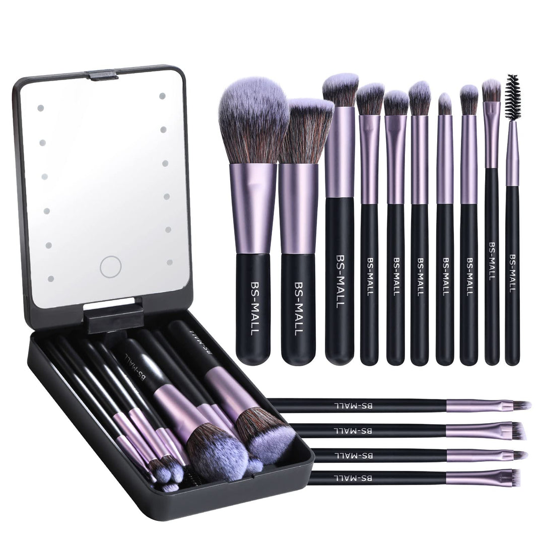 Bs-Mall Travel Makeup Brush Set Foundation Powder Concealers Eye Shadows Makeup Set With Led Light Mirror 14 Pcs (Purple)