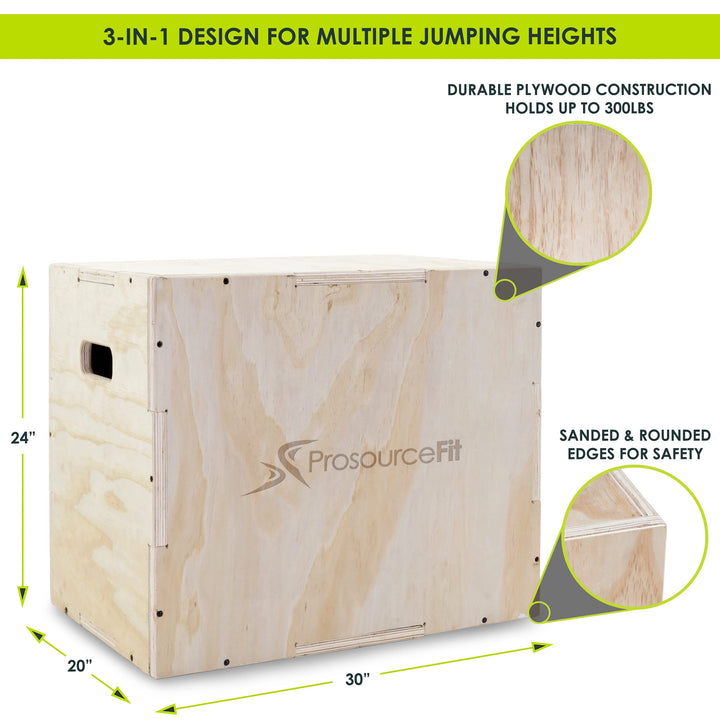 ProsourceFit Fit 3-in-1 Wood Plyometric Jump Box for Agility, Vertical Jump Training & Plyo Workouts, Sizes 24/20/16 & 30/24/20