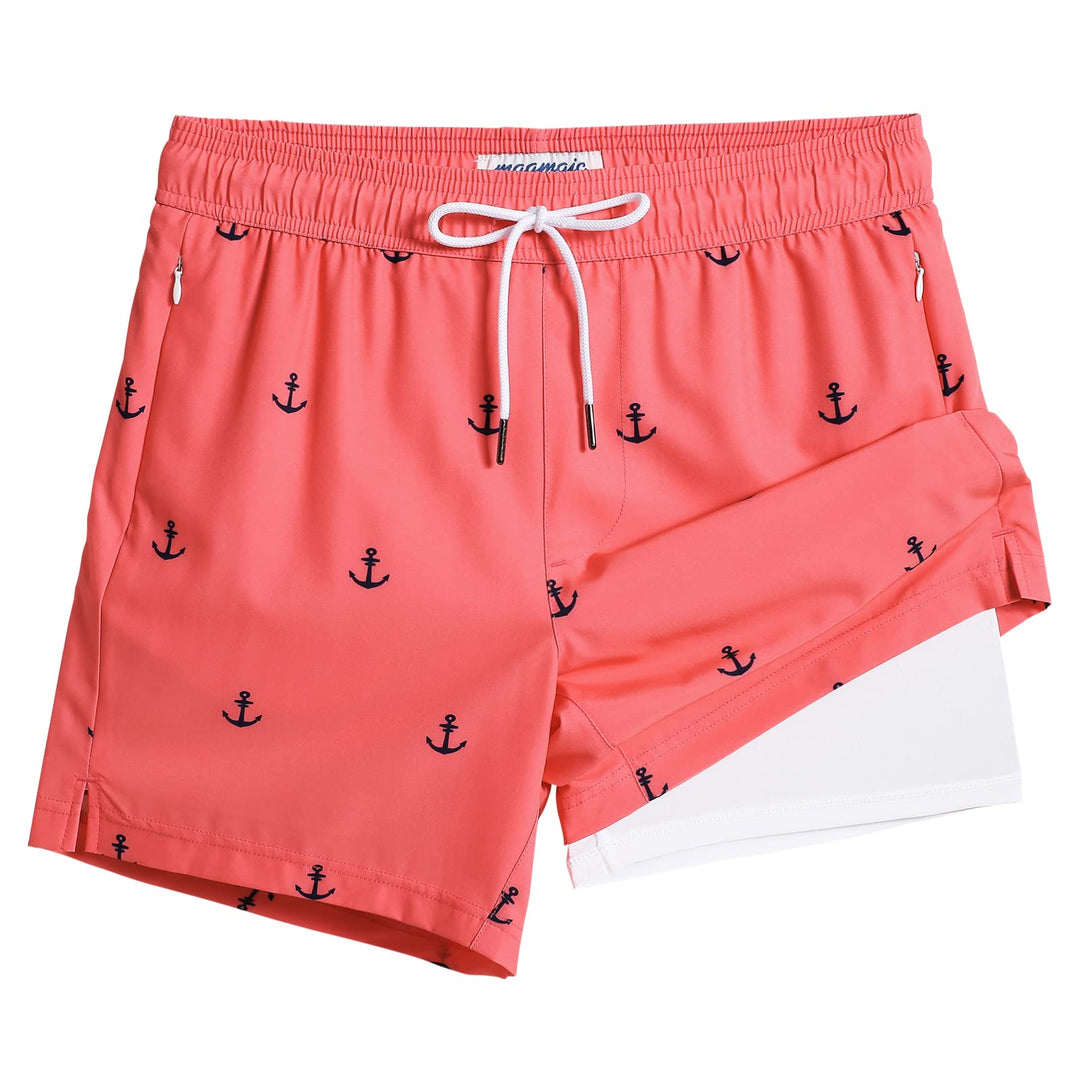 maamgic Mens Swim Trunks with Compression Liner 5" Stretch Beach Shorts Quick Dry with Zipper Pockets No-Chafing Board Shorts Pink-Anchor XS