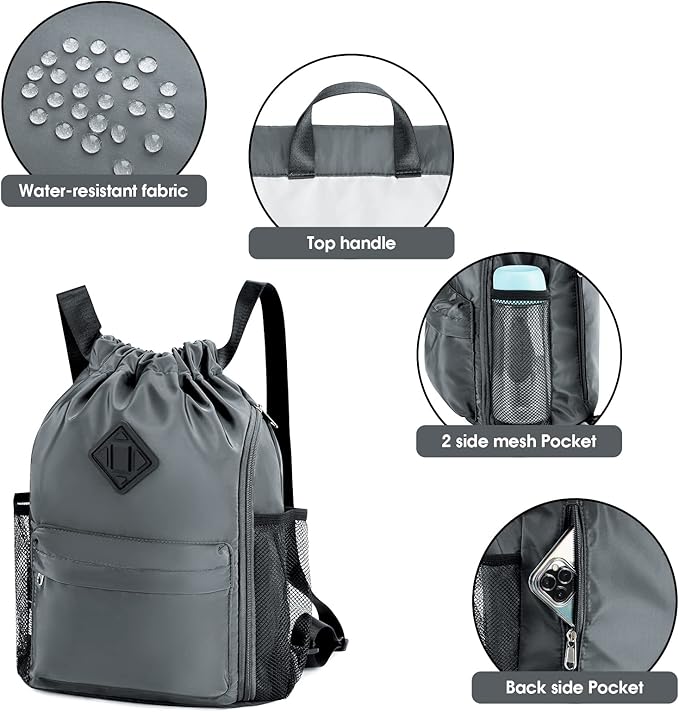 WANDF Drawstring Backpack Sports Gym Bag with Shoes Compartment, Water-Resistant String Backpack Cinch for Women Men(Small,Grey)