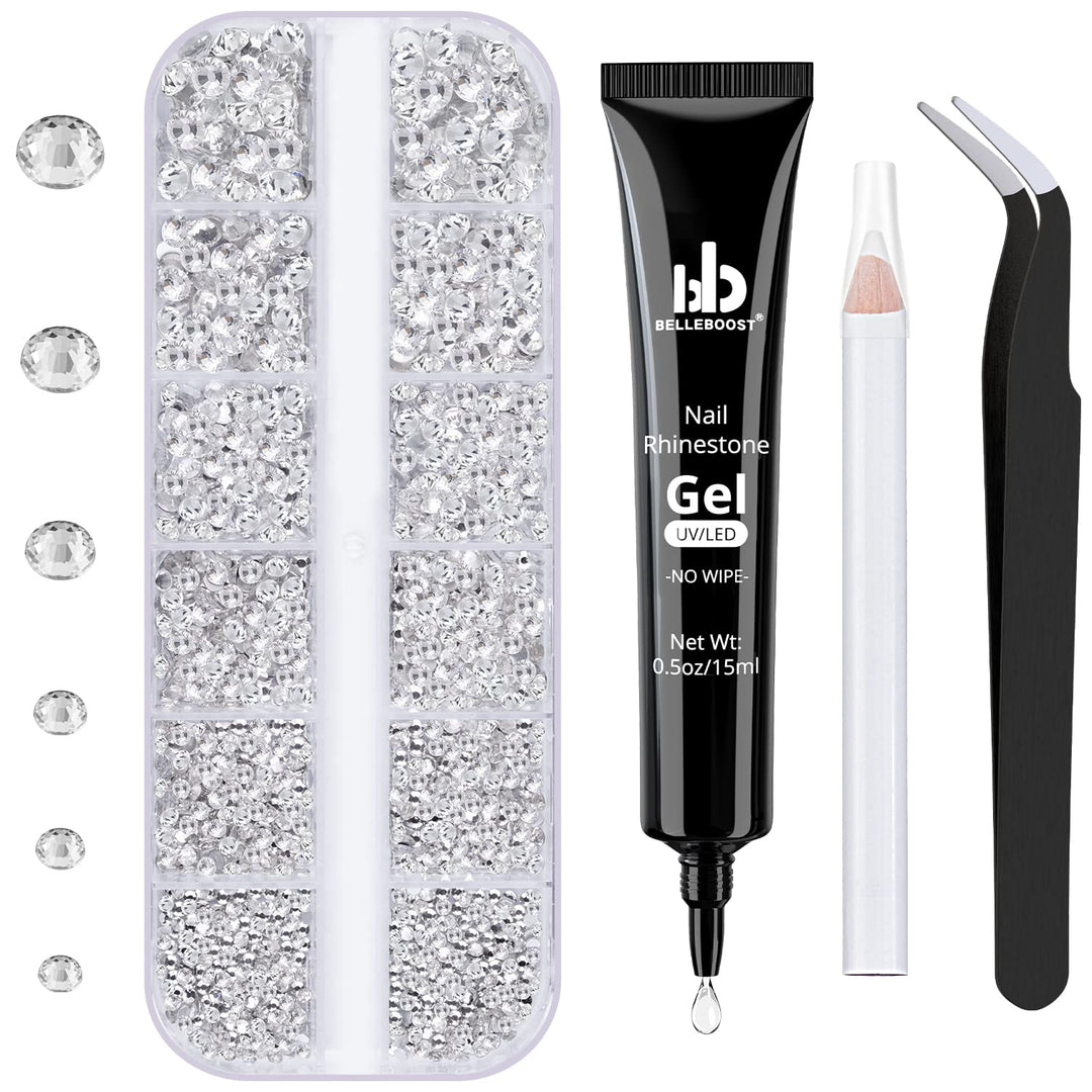 Nail Art Rhinestone Glue Gel&1 Box Flatback Gems Accessories Kit, 1 Tube Of 15Ml Rhinestone Gel Glue(Uv/Led Needed)+Round Glass