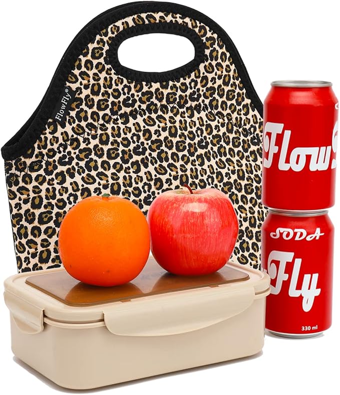FlowFly Neoprene Kids Lunch box Insulated Soft Bag Mini Cooler Thermal Meal Tote Kit for Boys, Girls,Men,Women,School,Work, Office, Leopard