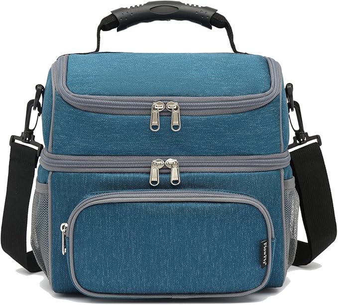 FlowFly Double Layer Cooler Insulated Lunch Bag Adult Lunch Box Large Tote Bag for Men, Women, With Adjustable Strap,Front Pocket and Dual Large Mesh Side Pockets