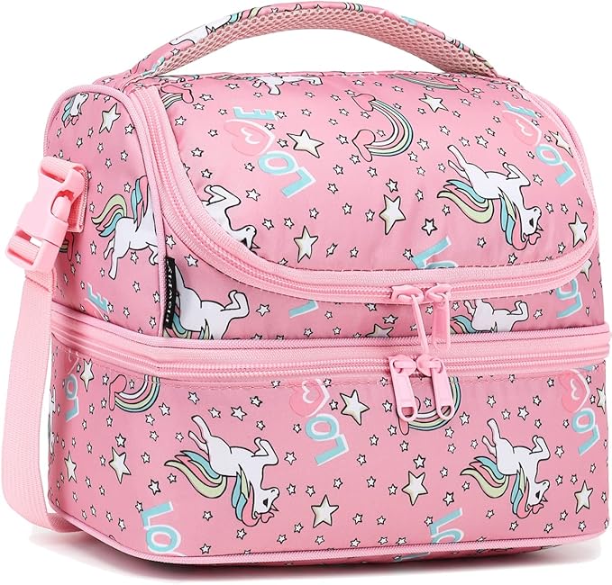 FlowFly Double Decker Cooler Insulated Lunch Bag Large Tote for Boys, Girls, Men, Women, With Adjustable Strap (Red-Unicorn)