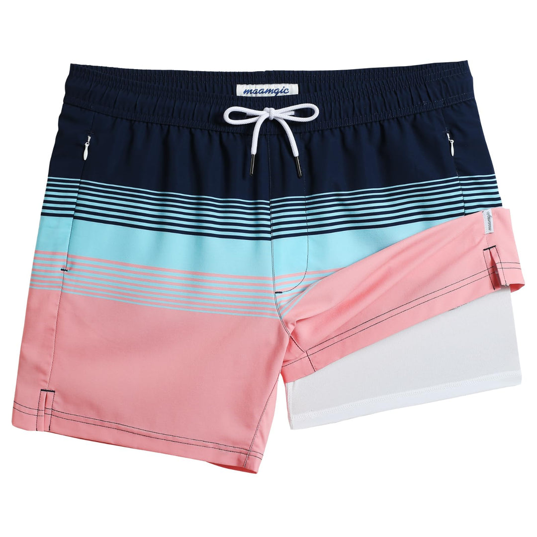 maamgic Mens Swim Trunks with Compression Liner 5" Stretch Beach Shorts Quick Dry with Zipper Pockets No-Chafing Board Shorts Blue green-Orange Stripes XS