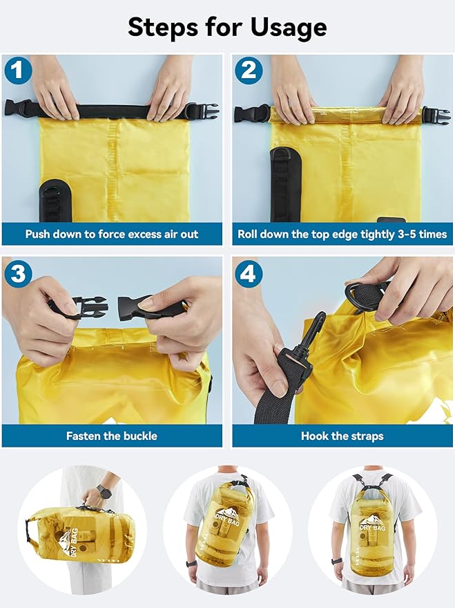 HEETA Waterproof Dry Bag with Phone Case Bundled with Upgraded Dry Bag with Zippered Pocket for Women & Men, Roll Top Lightweight Dry Storage Bag Backpack for Kayaking, Boating, Camping (Yellow 5L)