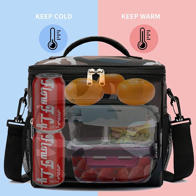 FlowFly Insulated Reusable Lunch Bag Adult Large Lunch Box for Women and Men with Adjustable Shoulder Strap,Front Zipper Pocket and Dual Large Mesh Side Pockets,BlackCamo