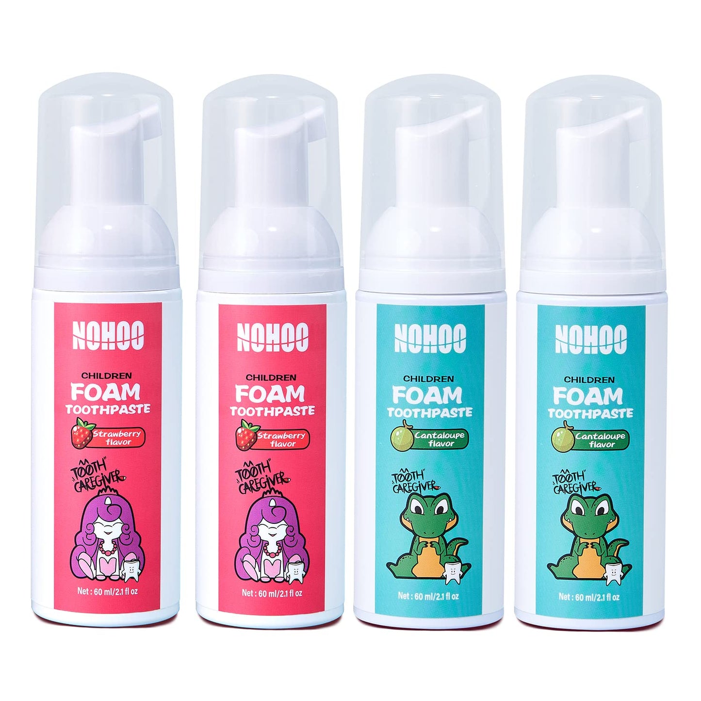 NOHOO Kids Foam Toothpaste with Fruit Flavor,Fluoride Free Natural Formul, Foam Toothpaste for Electric Toothbrush,Suitable for Toddler's Oral Cleaning and Cavity Prevention (2Strawberry+2Cantaloupe)