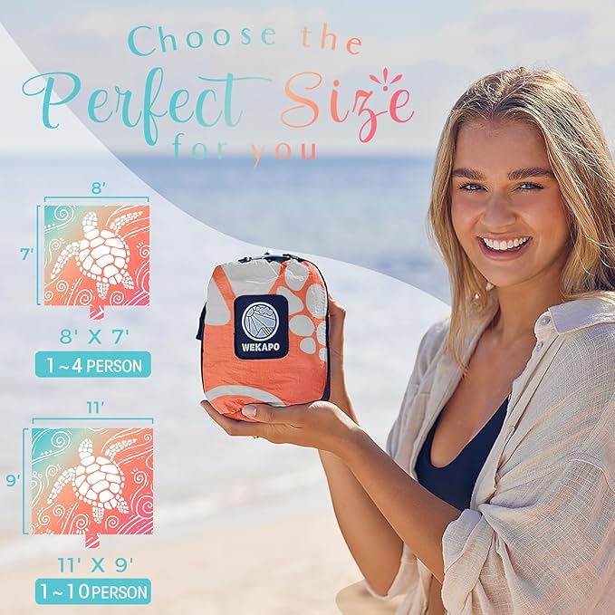 WEKAPO Beach Blanket Waterproof Sandproof Oversized Extra Large Sand Free Beach Mat with Stakes, Storage Bag - Essentials for Outdoor Beach, Picnic (Sea Turtle, 11 X 9 FT (1~10 Person))