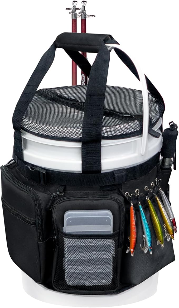 Fishing Bucket Organizer with Bucket Cover, Ice Fishing Tackle Bag with Rod & Plier Holder, Multi-Pockets for 5 Gallon Bucket Fishing Gear & Accessories