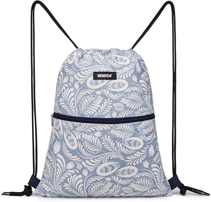 WANDF Drawstring Backpack String Bag Sackpack Cinch Water Resistant Nylon for Gym Shopping Sport Yoga (Light Blue Leaf with zipper)