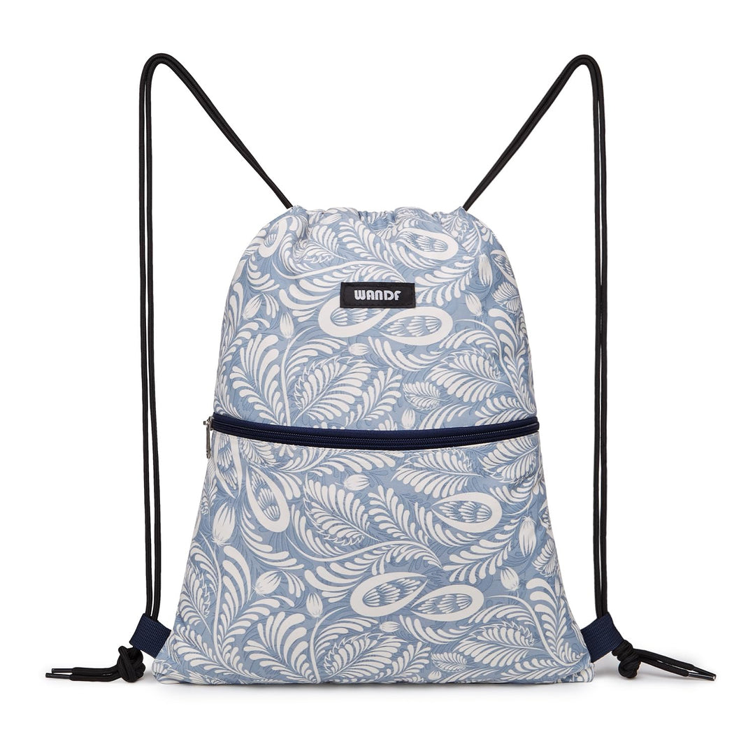 WANDF Drawstring Backpack String Bag Sackpack Cinch Water Resistant Nylon for Gym Shopping Sport Yoga (Light Blue Leaf with zipper)