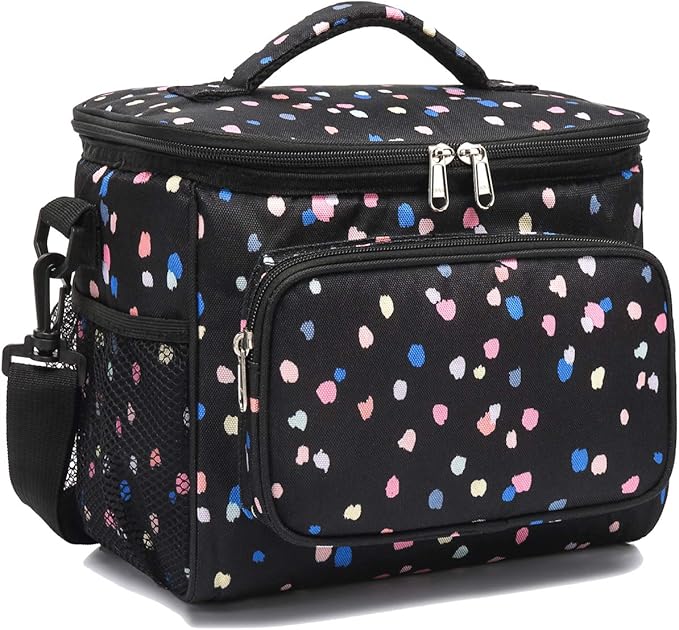 FlowFly Insulated Reusable Lunch Bag Adult Large Lunch Box for Women and Men with Adjustable Shoulder Strap,Front Zipper Pocket and Dual Large Mesh Side Pockets,BlackFlower