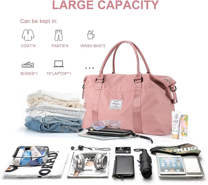 Womens travel bags, weekender carry on for women, sports Gym Bag, workout duffel bag, overnight shoulder Bag fit 15.6 inch Laptop Pink Large
