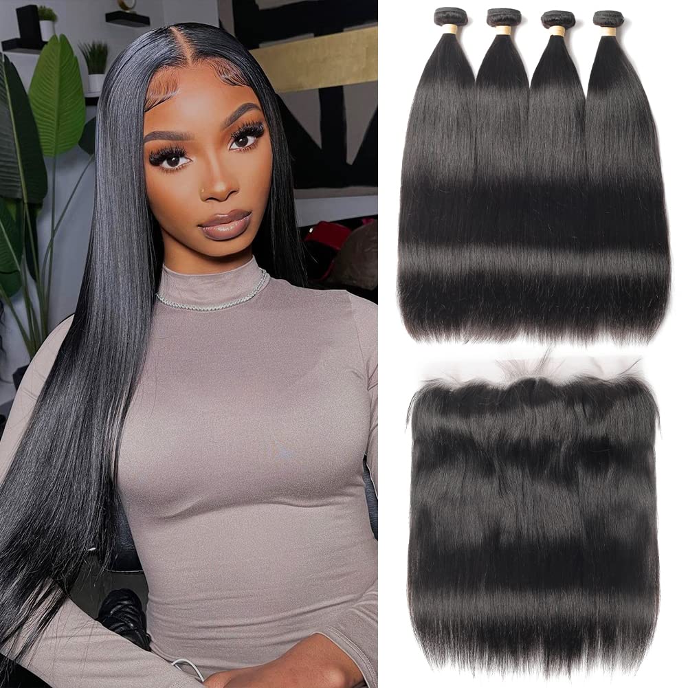 Beauhair Straight 4 Bundles With Frontal (24 26 28 30+20 Frontal) 13X4 Ear To Ear Lace Frontal 10A Unprocessed Brazilian Virgin