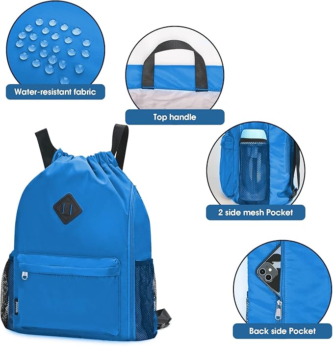 WANDF Drawstring Backpack Sports Gym Bag with Shoes Compartment, Water-Resistant String Backpack Cinch for Women Men(Large,Dark blue)