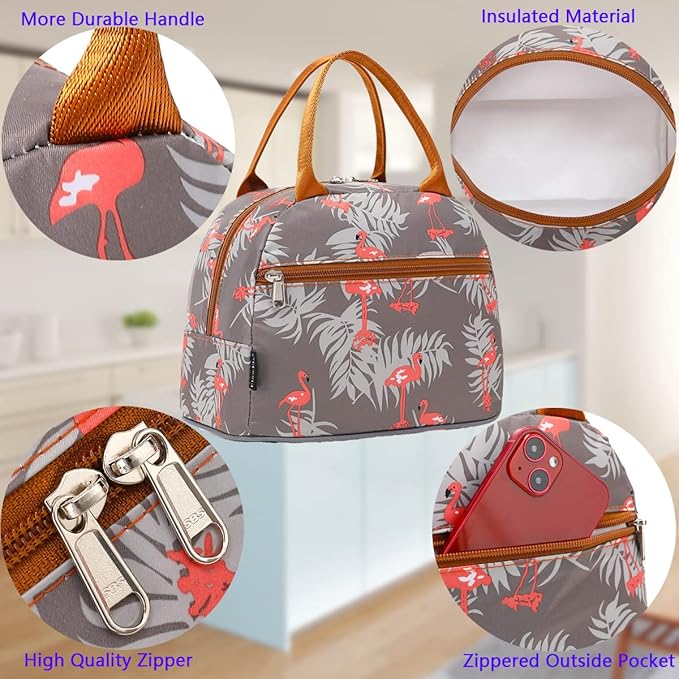 FlowFly Insulated Reusable Lunch Bag Adult Large Lunch Box Lunch Tote for Women and Men,With Front Pocket, Tropical