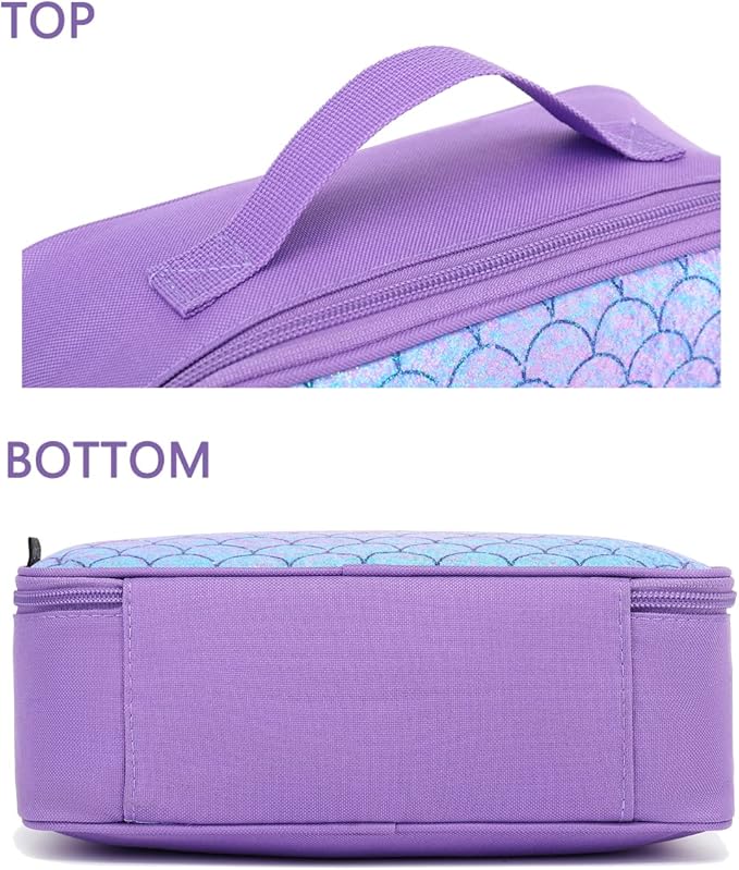 FlowFly Kids Lunch box Insulated Soft Bag Mini Cooler Back to School Thermal Meal Tote Kit for Girls, Boys,Glitter-Purple