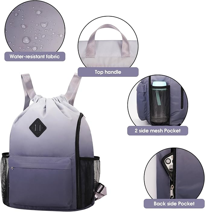 WANDF Drawstring Backpack Sports Gym Bag with Shoes Compartment, Water-Resistant String Backpack Cinch Bag for Women Men (Grey Gradient)