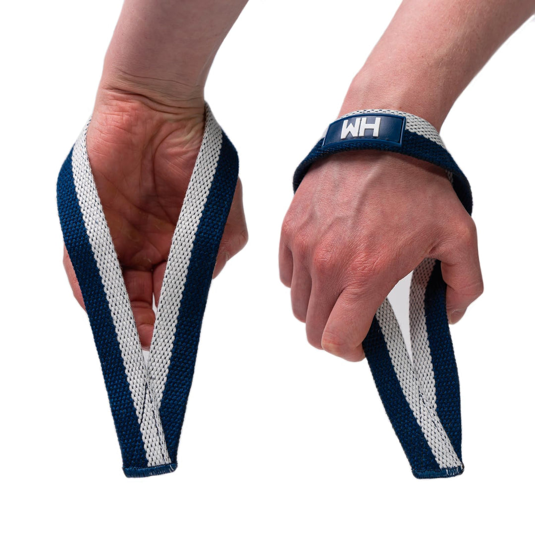 Weightlifting House Wrist Straps for Olympic Weight Lifting, Bodybuilding, Snatch, Pulls and Deadlifts. Weight Lifting Workout Wraps for Men & Women. (Blue & White)