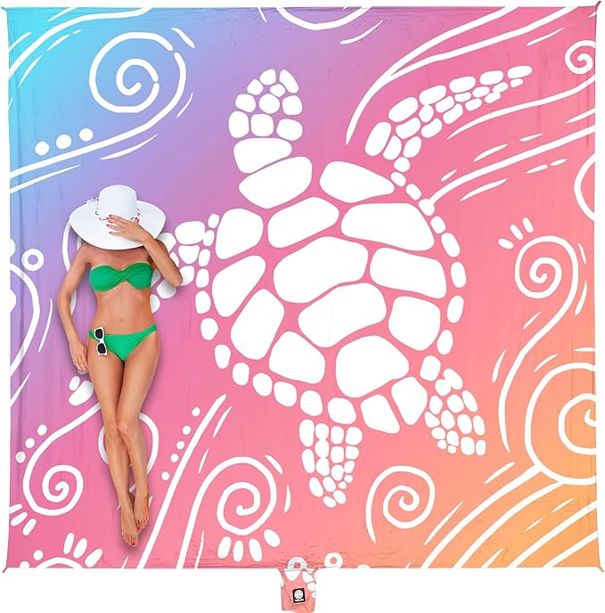 WEKAPO Beach Blanket Waterproof Sandproof Oversized Extra Large Sand Free Beach Mat with Stakes, Storage Bag - Essentials for Outdoor Beach, Picnic (Pinkish Purple Sea Turtle, 11 X 9 FT (1~10 Person))