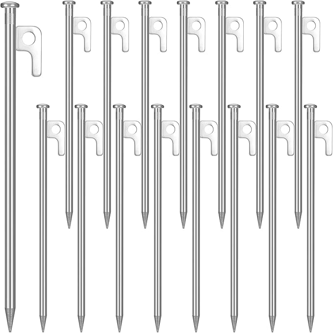 Blulu 24 Pcs 8/12/16 Inch Tent Stakes Heavy Duty Steel Metal Tent Pegs Unbreakable and Inflexible Metal Stakes Tent Spikes for Camping, Yard Decoration, Picnic, Tarp(Silver, 16 Inch)