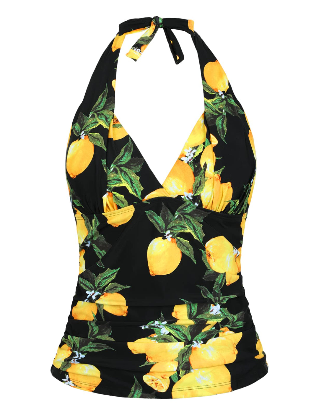 Mycoco Women's Halter Swim Top V Neck Swimwear Front Shirred Tankini Top (Black&lemon, 10)
