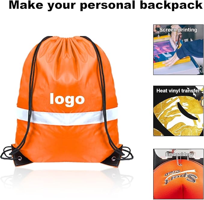 Drawstring Backpack with Reflective Strip, Bulk String Bag Cinch Sack for Gym, Sport, Travel (16Pcs, Orange)