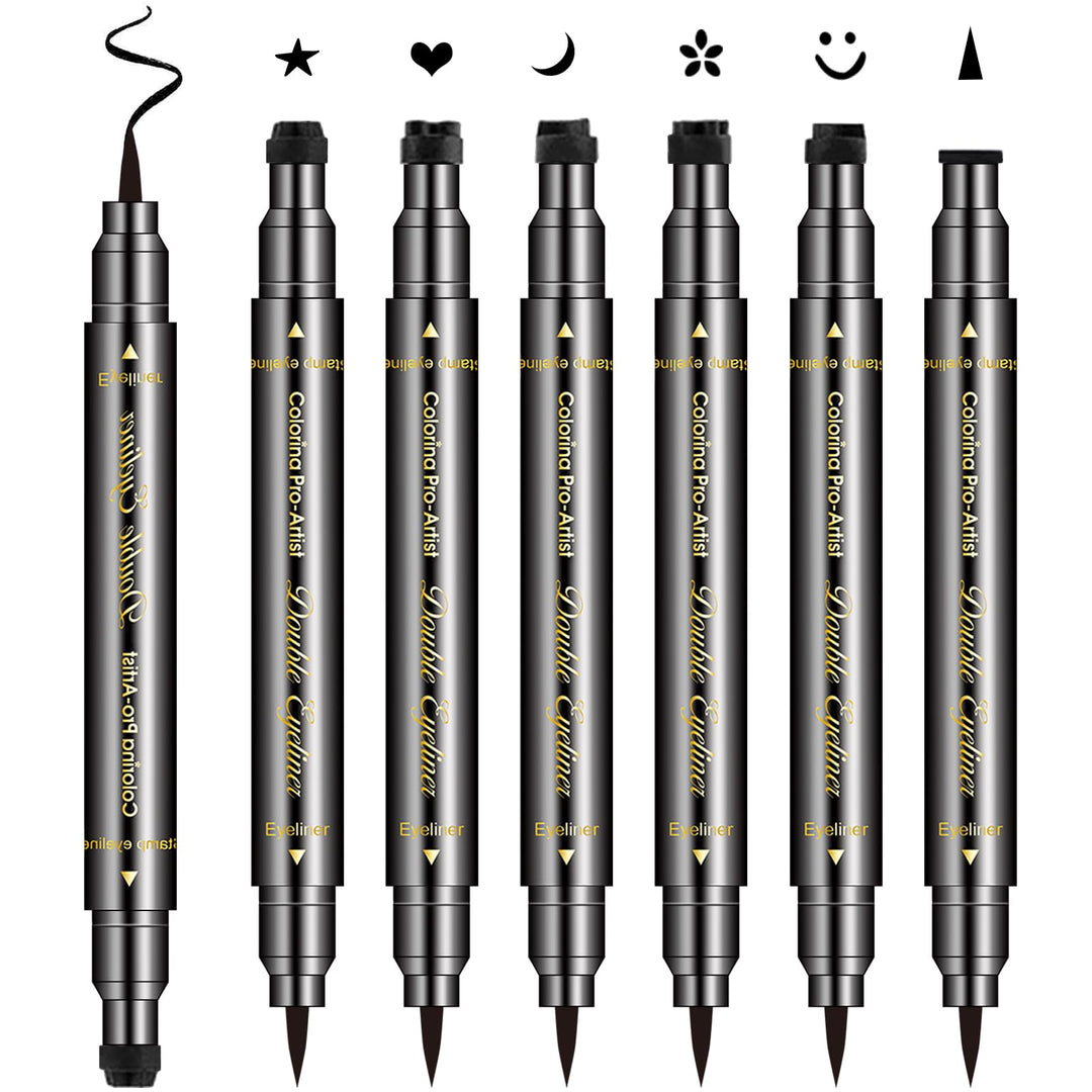 Erinde 6Pcs Double-Headed Liquid Eyeliner Stamp Pen Set, Black Eyeliner Pencil Eye Liner Stencil, Winged Eyeliner Tattoo Tool, S