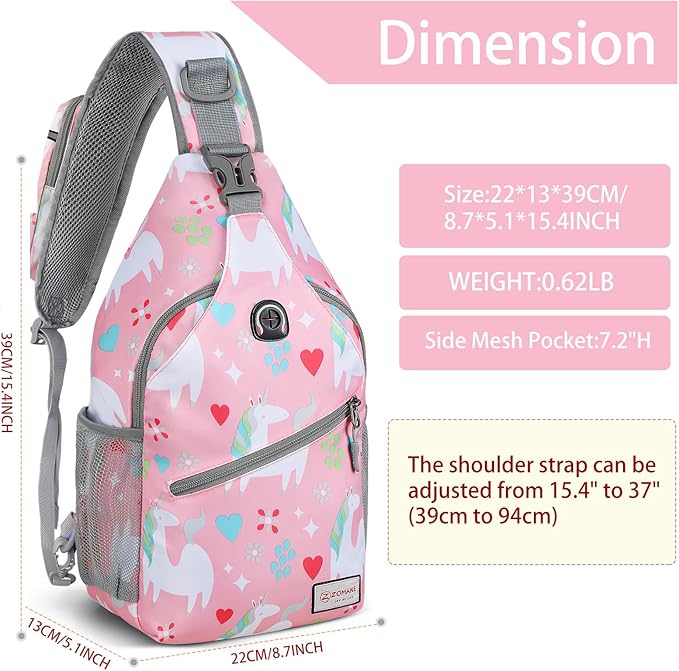 ZOMAKE Sling Bag for Women Men, Small Crossbody Sling Backpack, Mini Water Resistant Shoulder Daypack for Travel, Anti Thief Chest Bag for Hiking, Sports(Unicorn Pink)