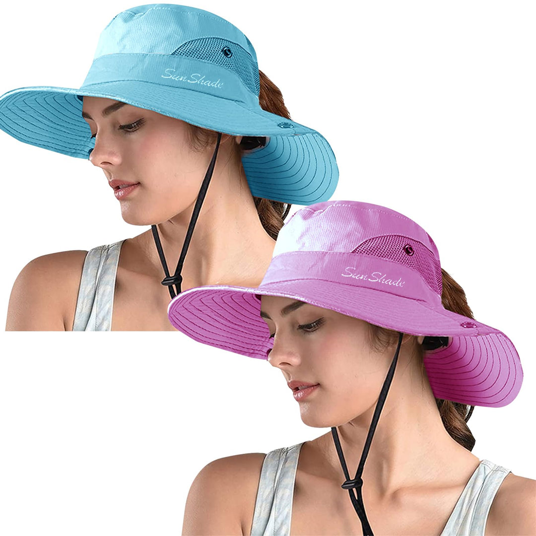 ZOORON Women's Ponytail Safari Sun Hat,Wide Brim UV Protection Outdoor Bucket Hat,Foldable Beach Summer Fishing Hat