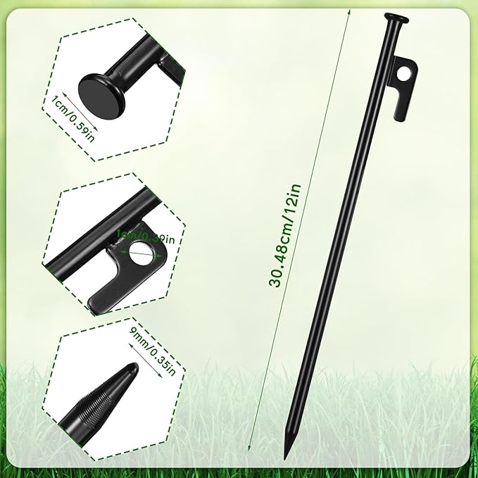 Blulu 24 Pcs 8/12/16 Inch Tent Stakes Heavy Duty Steel Metal Tent Pegs Unbreakable and Inflexible Metal Stakes Tent Spikes for Camping, Yard Decoration, Picnic, Tarp(Black, 12 Inch)