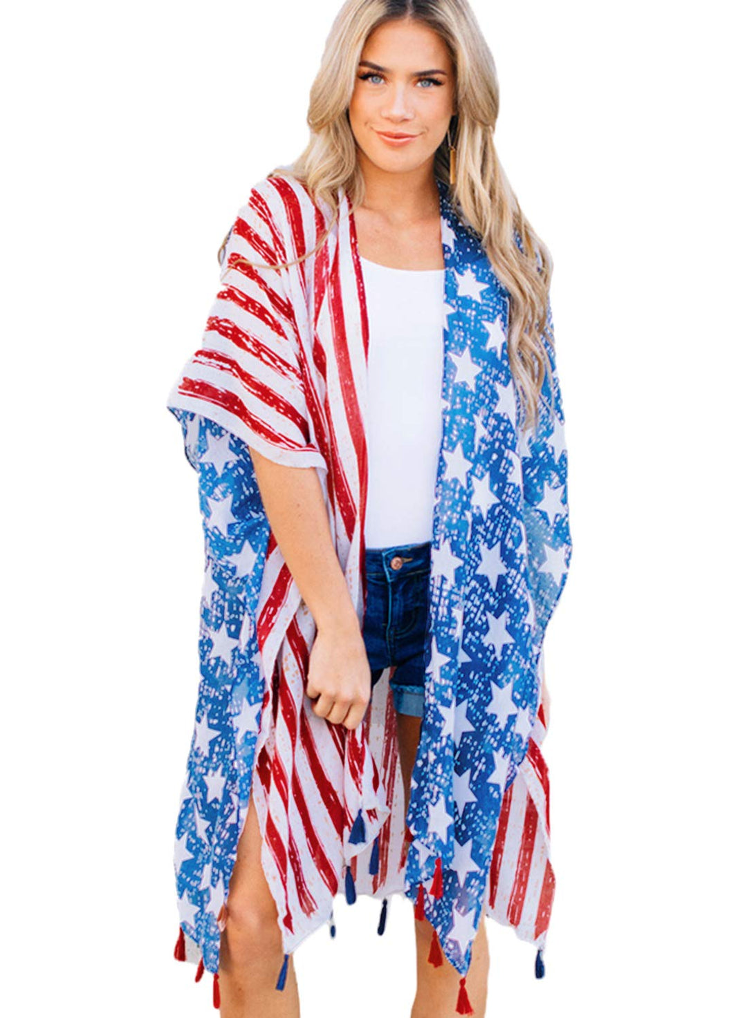 Women's American Flag Print Kimono Cover Up Tops, 4th of July Shirts for Women (American flag)