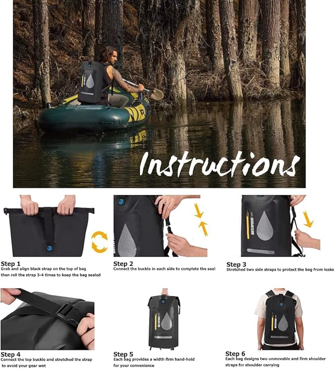 Blueshyhall 20L Waterproof Dry Backpack, Outdoor Travel Roll Top Closure Water Repellent Duffle Storage Sack for Kayaking Rafting Boating Fishing Camping and Beach - Black