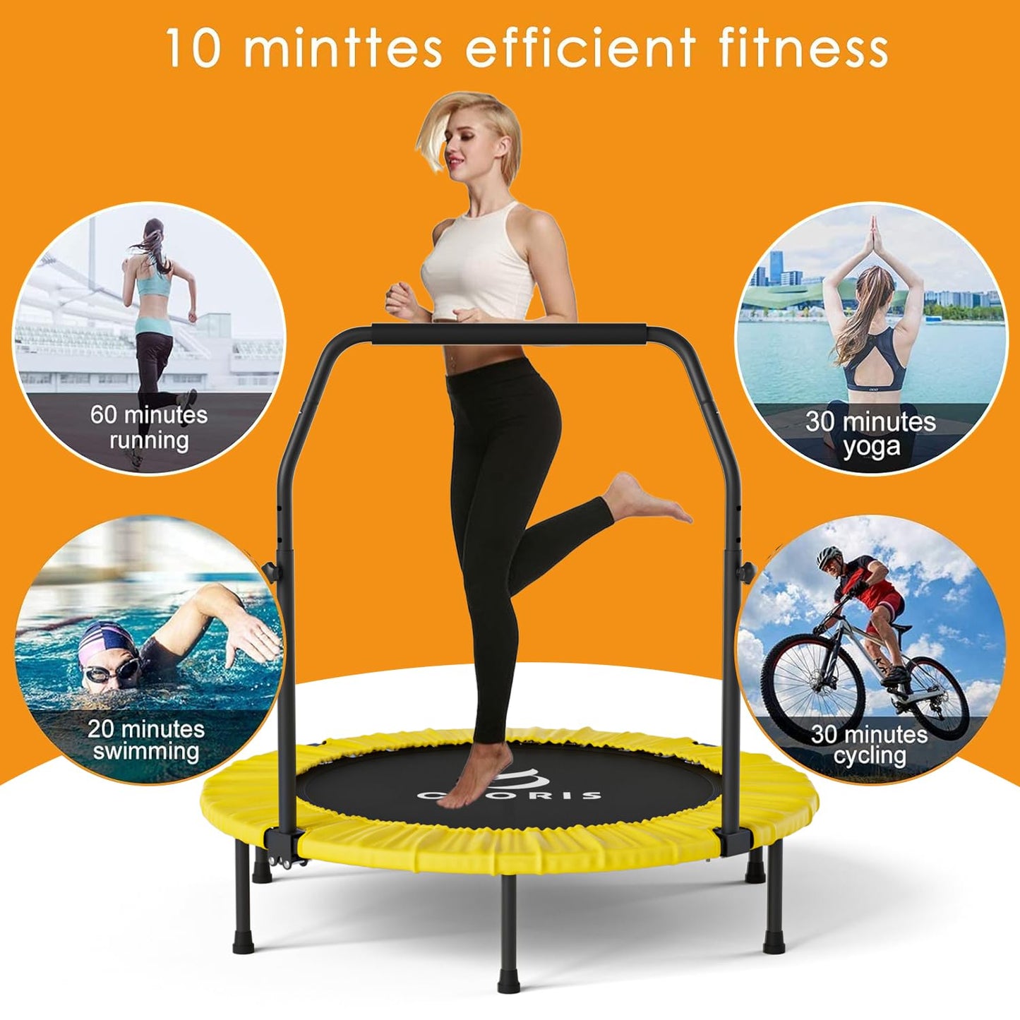 CLORIS 38in/40in/48in Folding Trampoline Mini Rebounder Fitness Trampoline with Adjustable Foam Handle for Kids/Adult, with safty Padded Cover Best Gift for Kids/Adult (Yellow)โฆ (40in-Yellow)