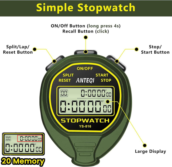20 Laps Memory Stopwatch Waterproof, ON/Off Function Digital Simple Stopwatch Timer, No Clock No Calendar No Alarm, Silent Stop Watch for Sports Coaches Swimming Running, Green