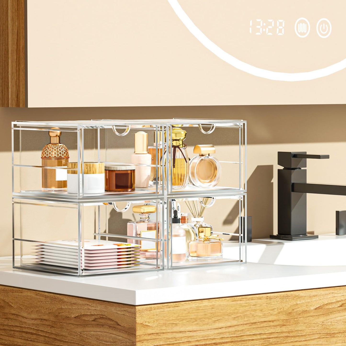 2 Pack Stackable Storage Drawers, Cosmetic Organizer, Acrylic Organiser,Desk Organisers, Dustproof Drawer Storage for Dresser, Bathroom