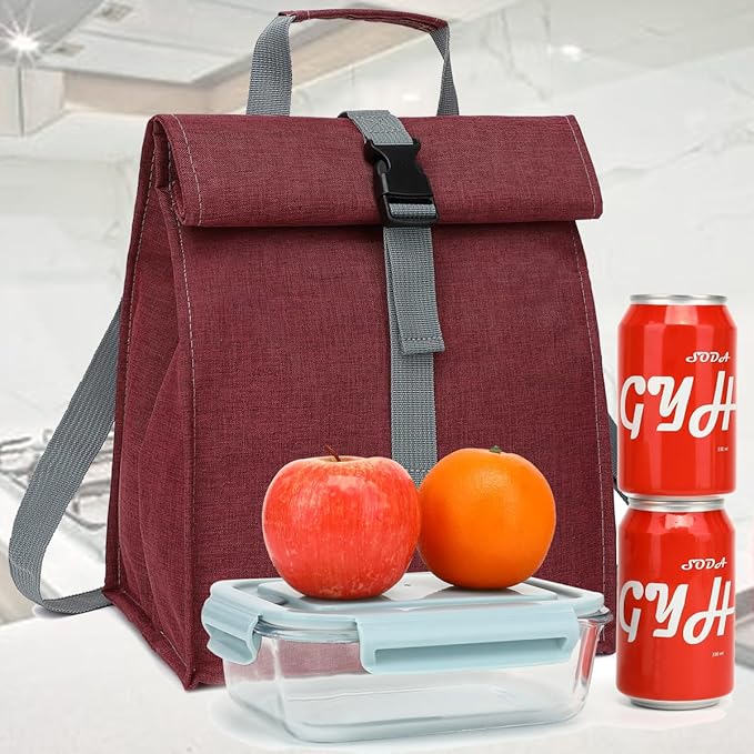 Insulated Lunch Bag for Men/Women/Kids, Roll top Reusable Lunch Box with Adjustable Shoulder Strap, Thermal Lunch Cooler Tote Container for Adults/Teens School Work Office Picnic,Red