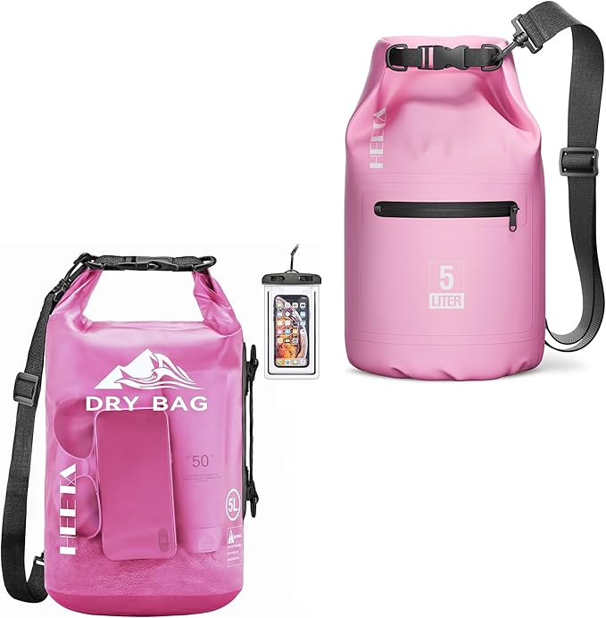 HEETA Waterproof Dry Bag with Phone Case Bundled with Upgraded Dry Bag with Zippered Pocket for Women & Men, Roll Top Lightweight Dry Storage Bag Backpack for Kayaking, Boating, Camping (Pink 5L)