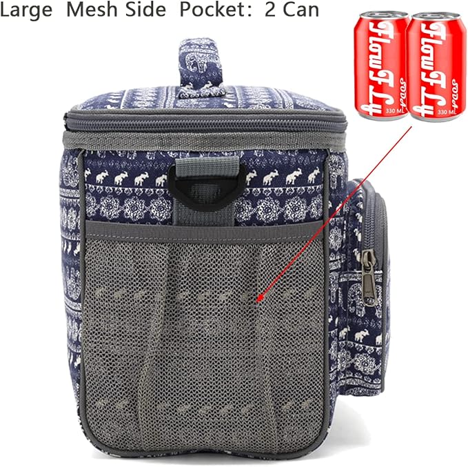 FlowFly Insulated Reusable Lunch Bag Adult Large Lunch Box for Women and Men with Adjustable Shoulder Strap,Front Zipper Pocket and Dual Large Mesh Side Pockets,Elephant