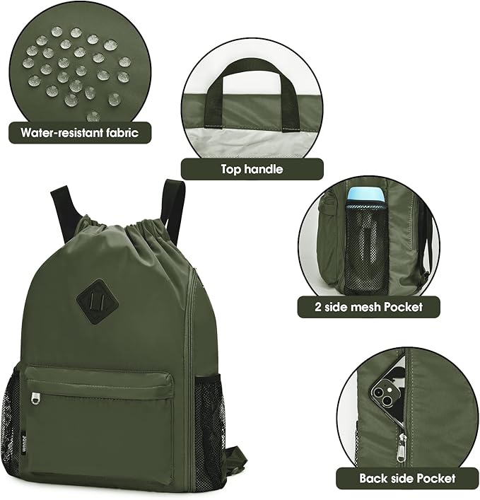 WANDF Drawstring Backpack Sports Gym Bag with Shoes Compartment, Water-Resistant String Backpack Cinch for Women Men (Large,Dark green)