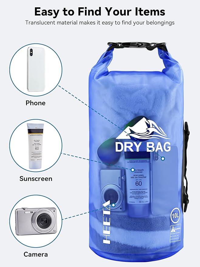 HEETA Dry Bag Waterproof for Women Men, 5L/10L/20L/30L/40L Roll Top Lightweight Dry Storage Bag Backpack with Phone Case for Travel, Swimming, Boating, Kayaking, Camping & Beach, 11 Transparent Colors