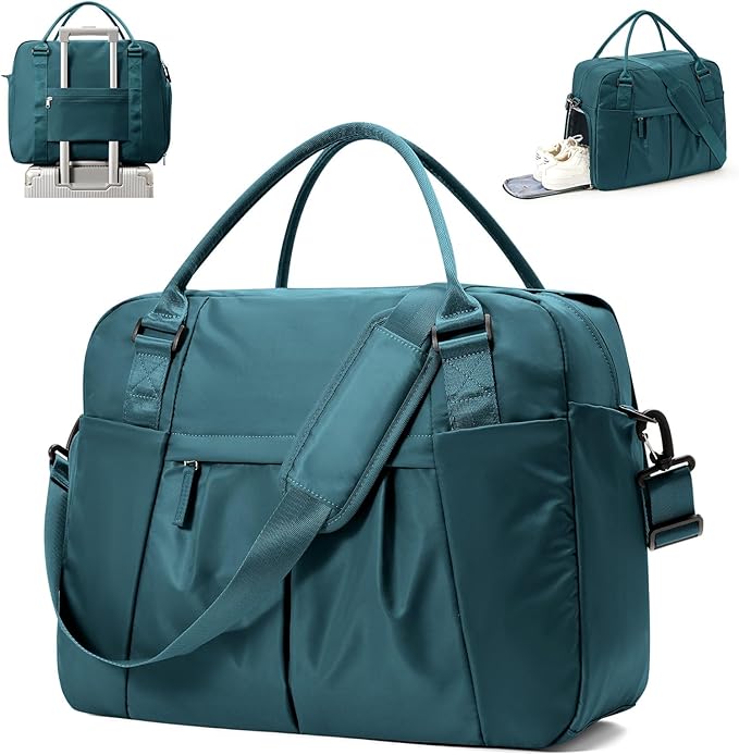 Large Carry on Gym Bag for Women, Waterproof Sport Bag for Fitness with Dry Wet Separated Pocket and Shoe Compartment, Overnight Weekender Fitness Workout Sports Bag, Peacock Blue